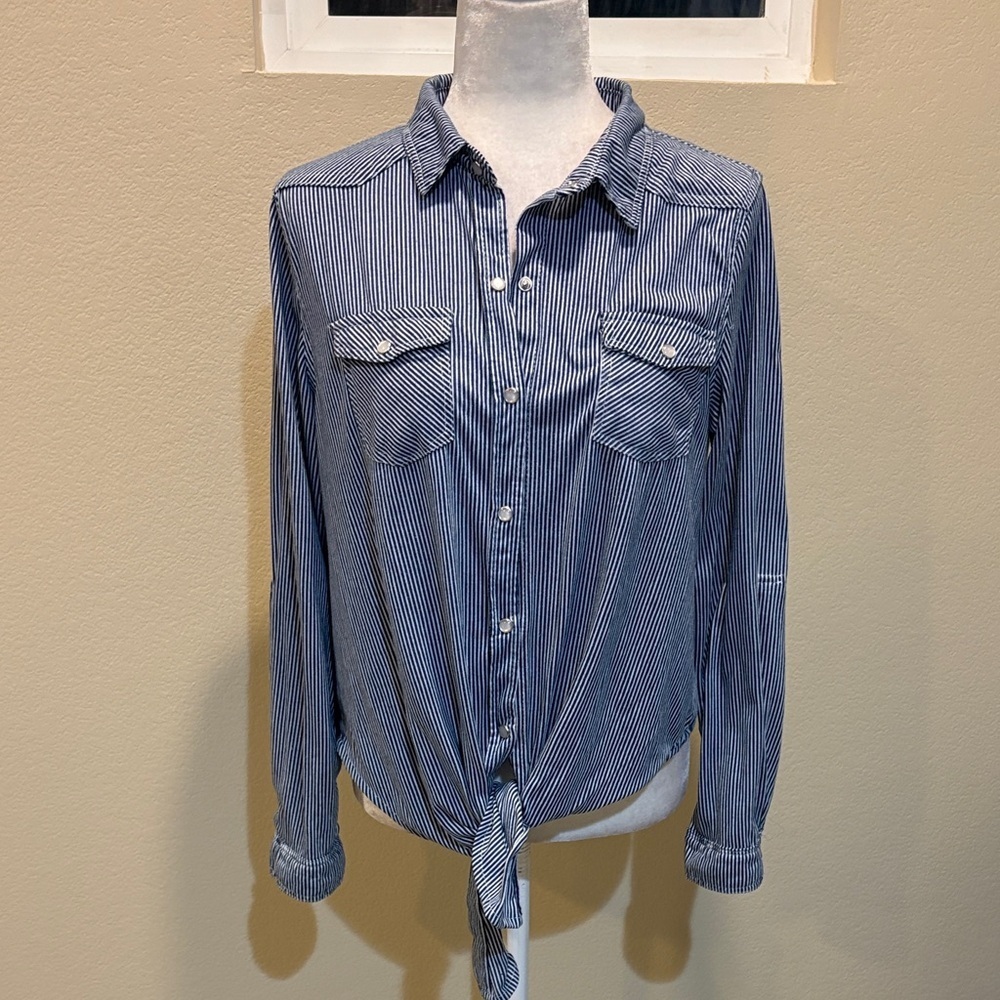 Passport Blue Striped Button Down Shirt with Pearl Buttons and Tie Waist-Size XL